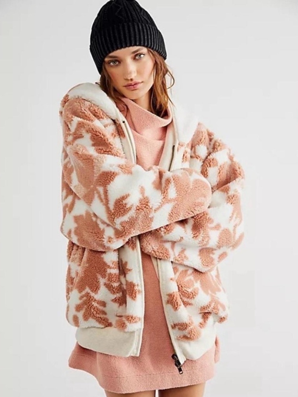 Free People floral Sherpa fleece hooded jacket